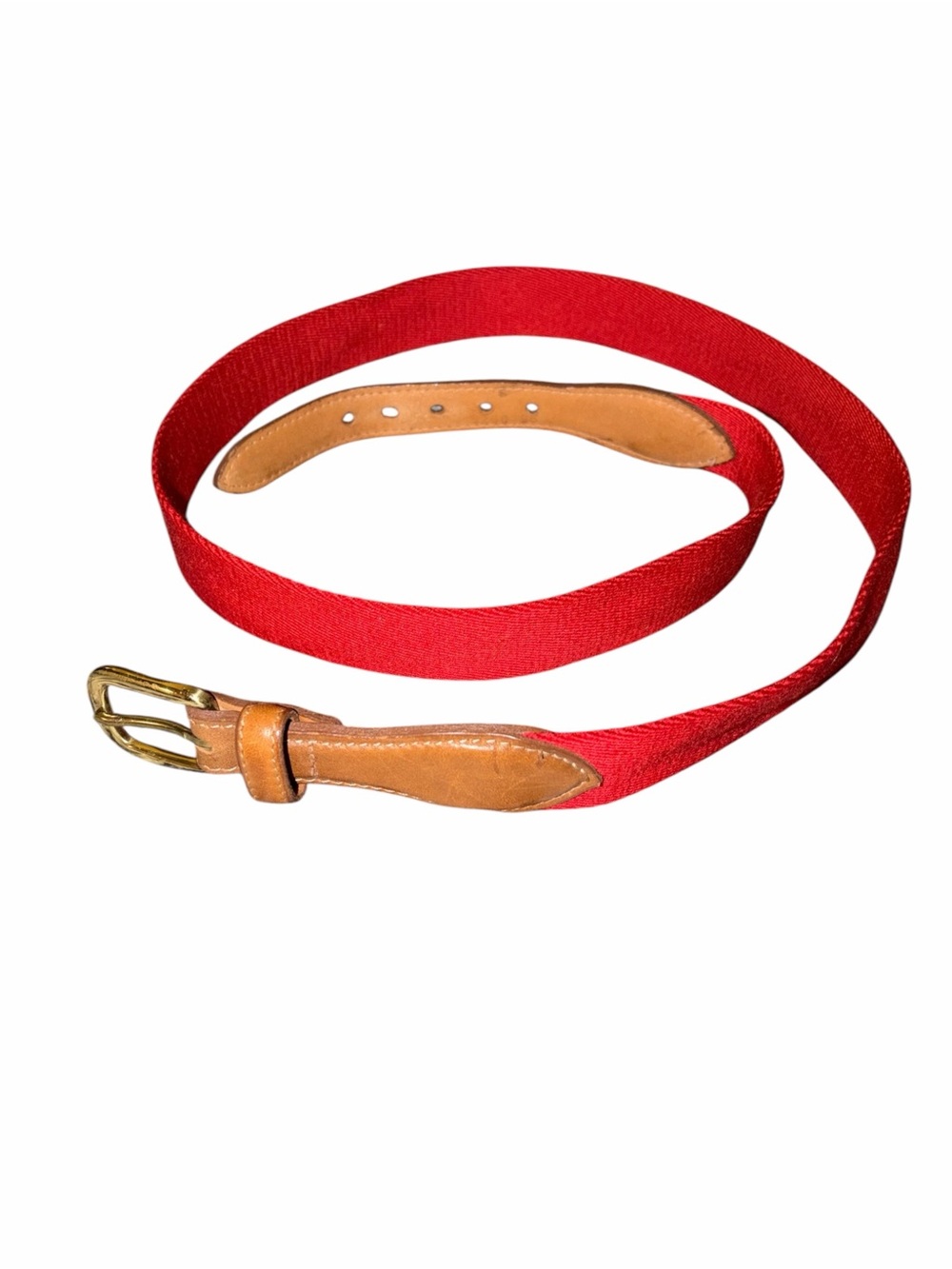 Vintage Red Ribbon Vachetta Leather Belt Solid Brass Buckle 43” Prep Equestrian